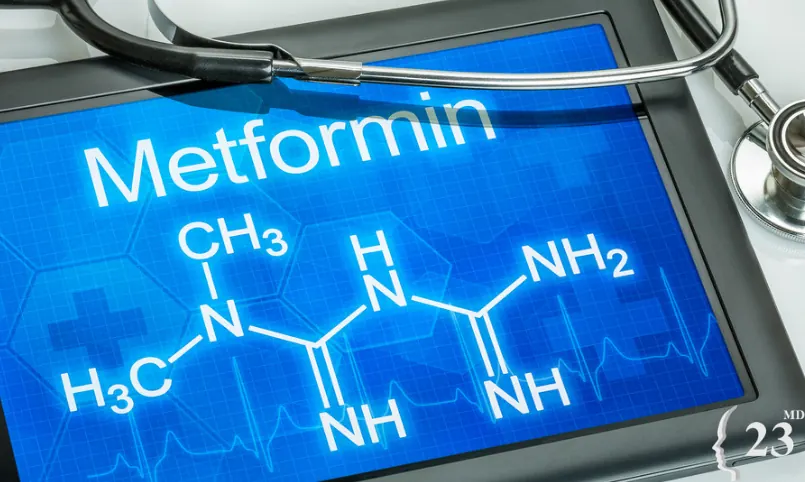 A tablet screen showing a chemical structure illustrating an archived health article at 23MD