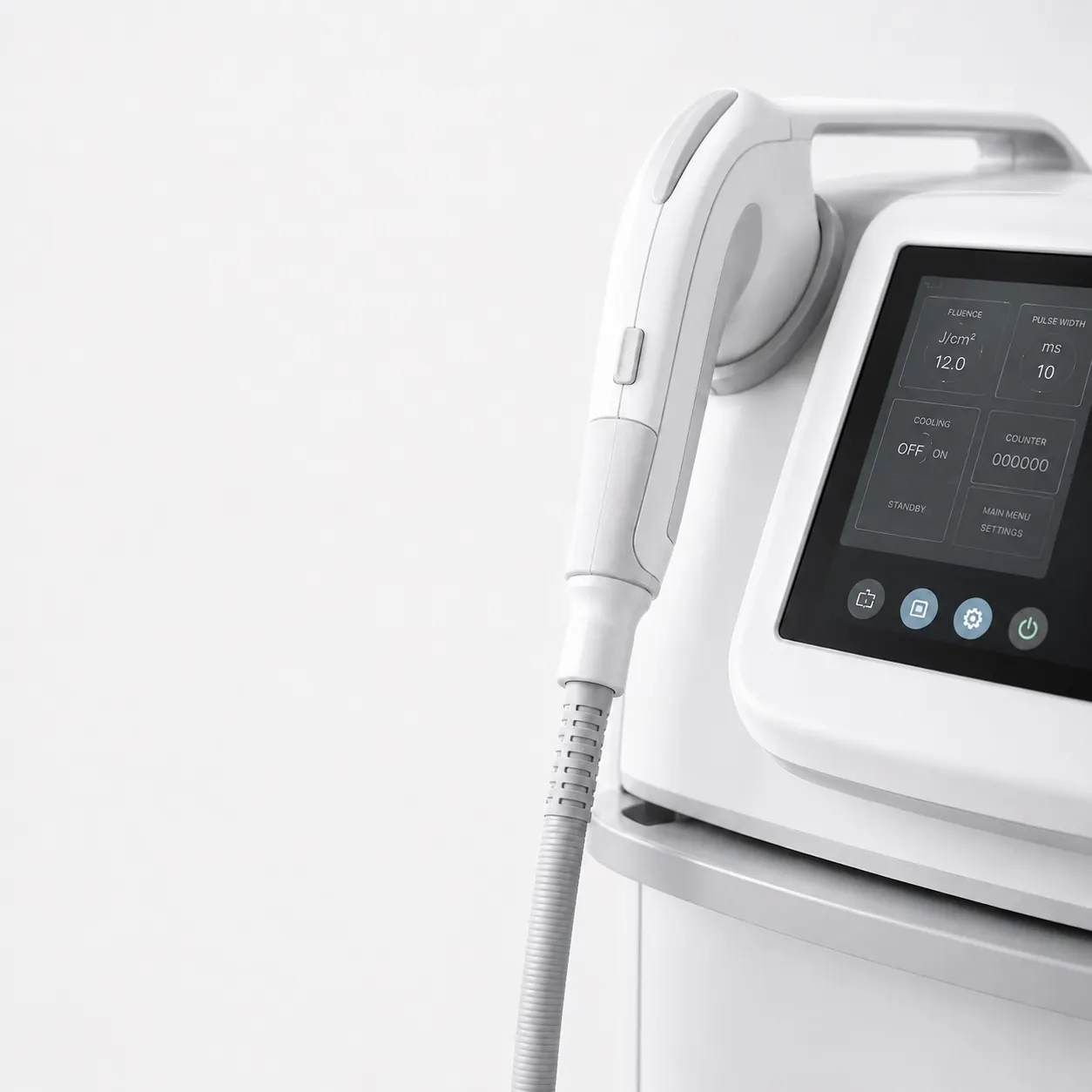 An aesthetic device with a digital control screen used for energy-based skin treatment at 23MD
