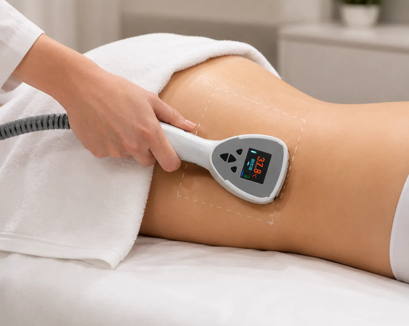 A radiofrequency applicator being applied to a patient's thigh during body treatment at 23MD