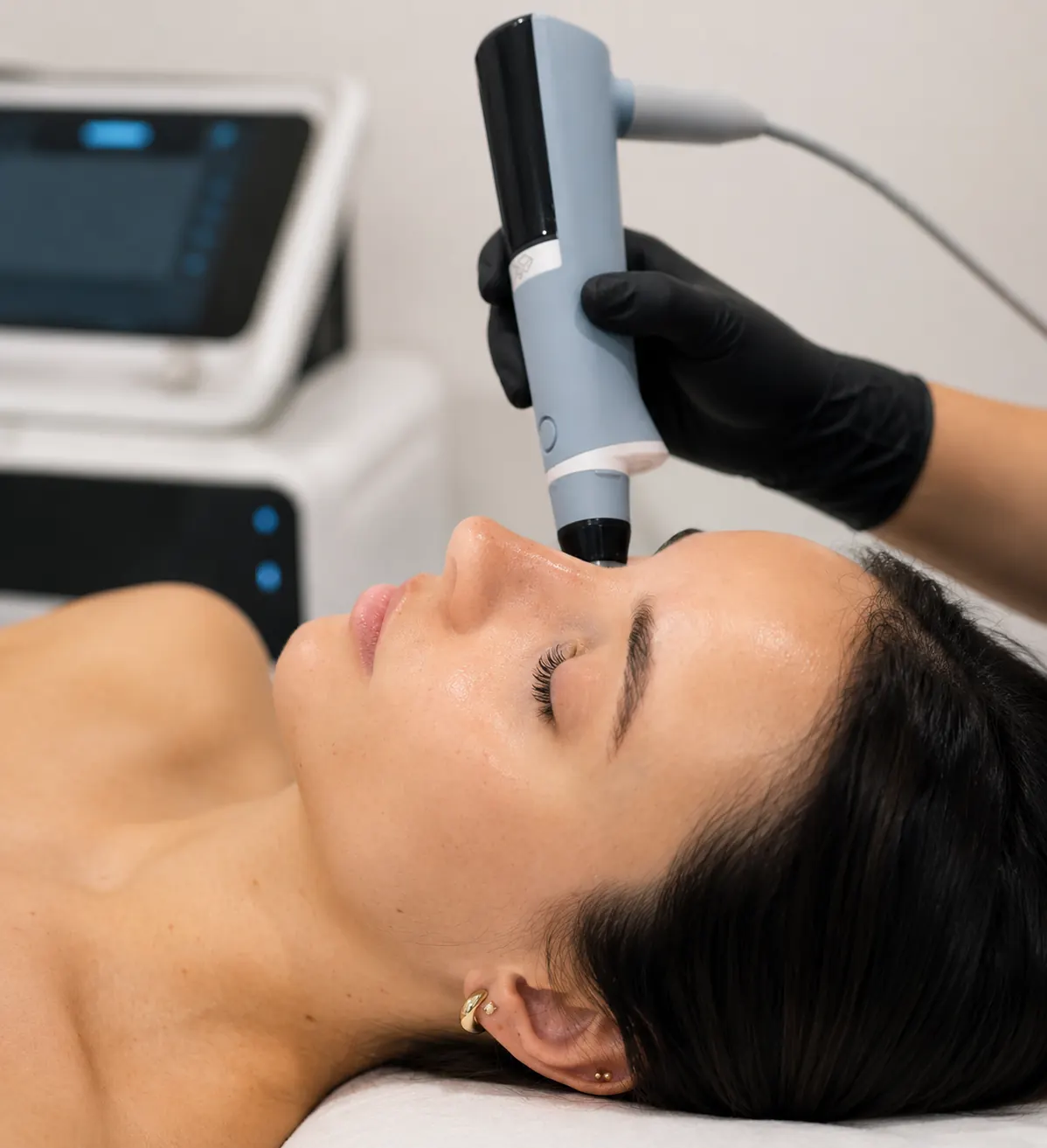 A radiofrequency applicator being applied to a patient's face at 23MD