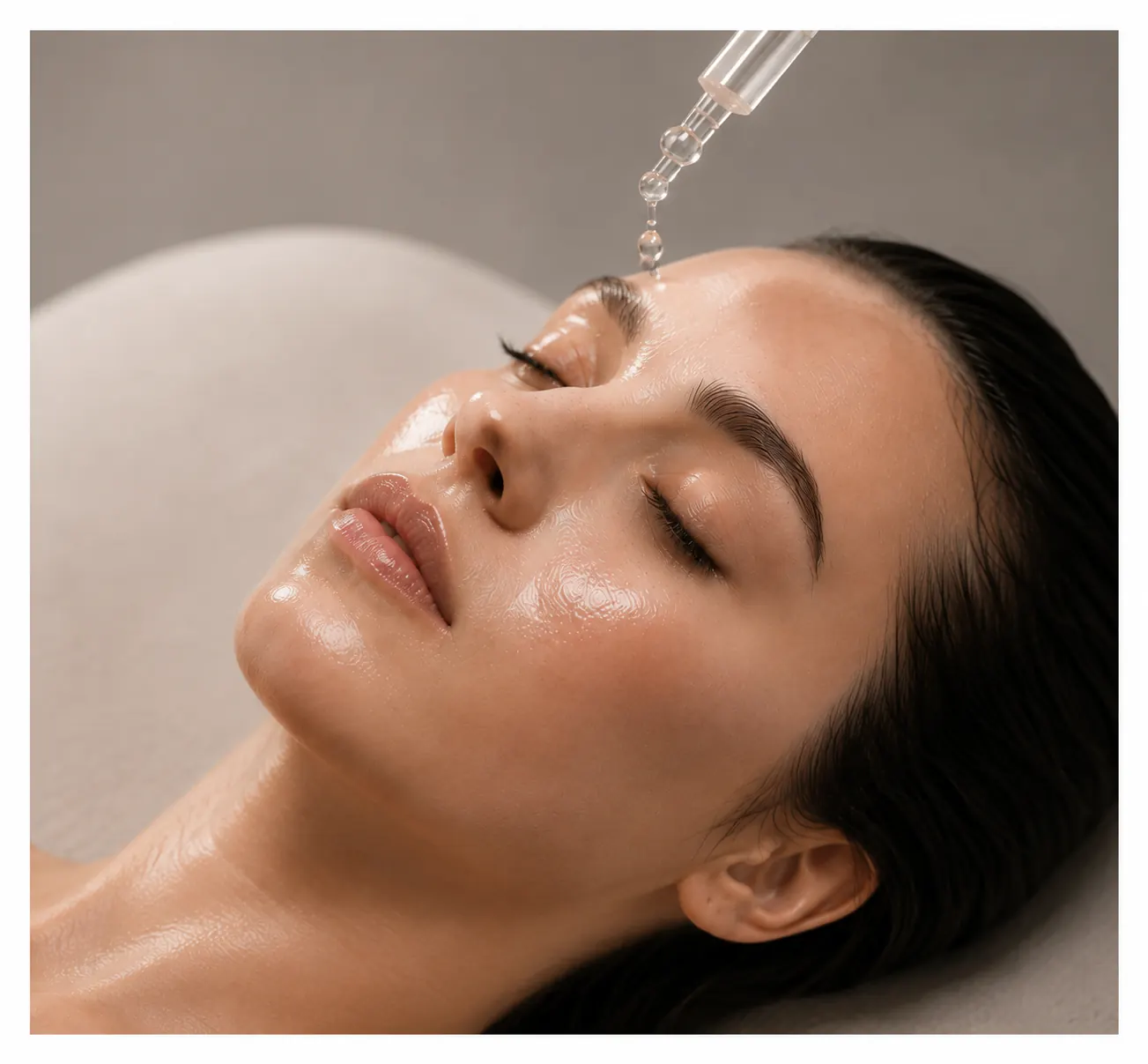 A reclining woman receiving drops on her forehead during a clinical facial treatment at 23MD