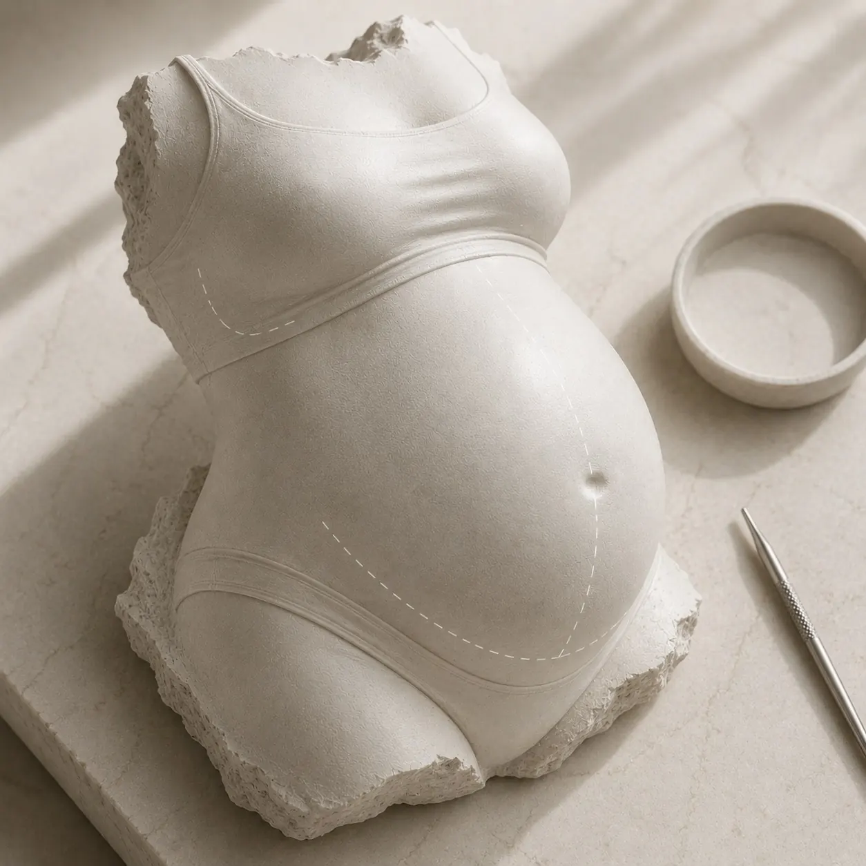 A sculpted pregnant torso illustrating post-partum surgery referral planning at 23MD