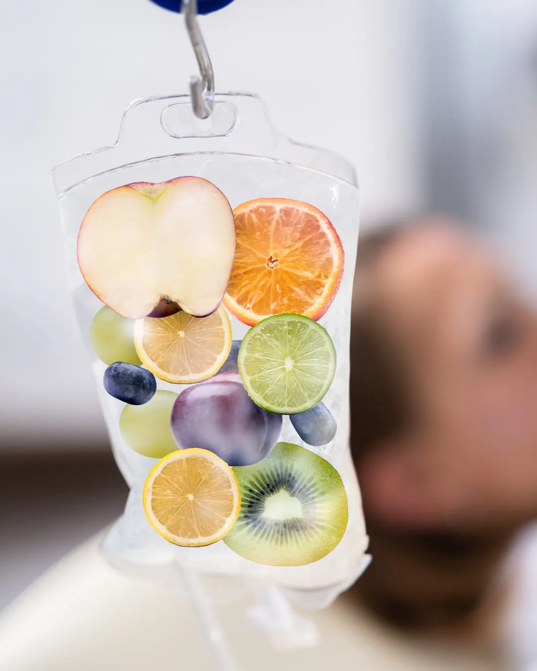 An intravenous drip bag hanging in a treatment room for IV therapy at 23MD Dubai