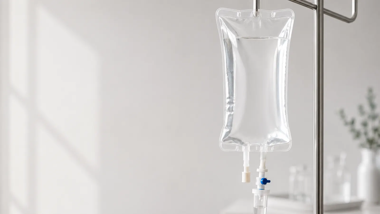 An intravenous drip bag hanging in a treatment room for IV therapy at 23MD Dubai