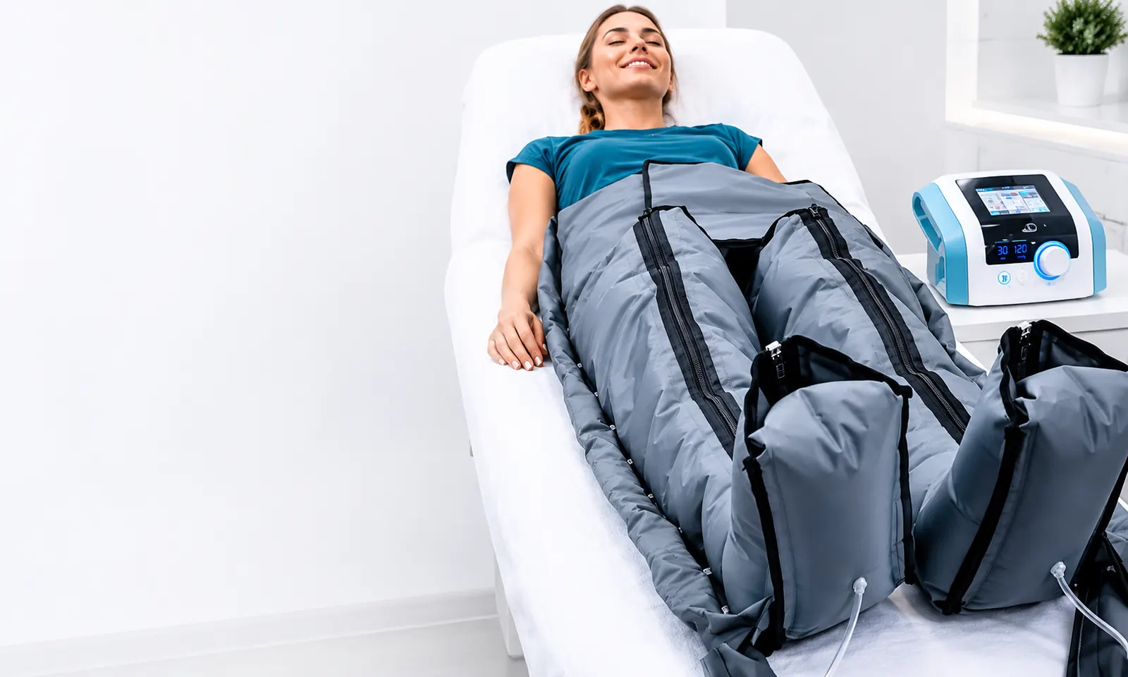 A patient lying on a treatment bed in lymphatic drainage compression boots at 23MD