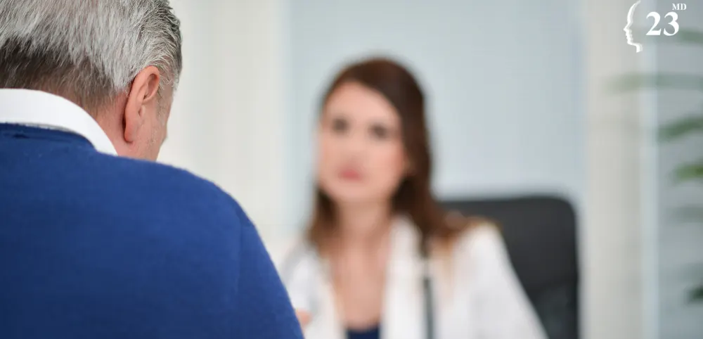 A doctor speaking with a patient illustrating an archived health article at 23MD