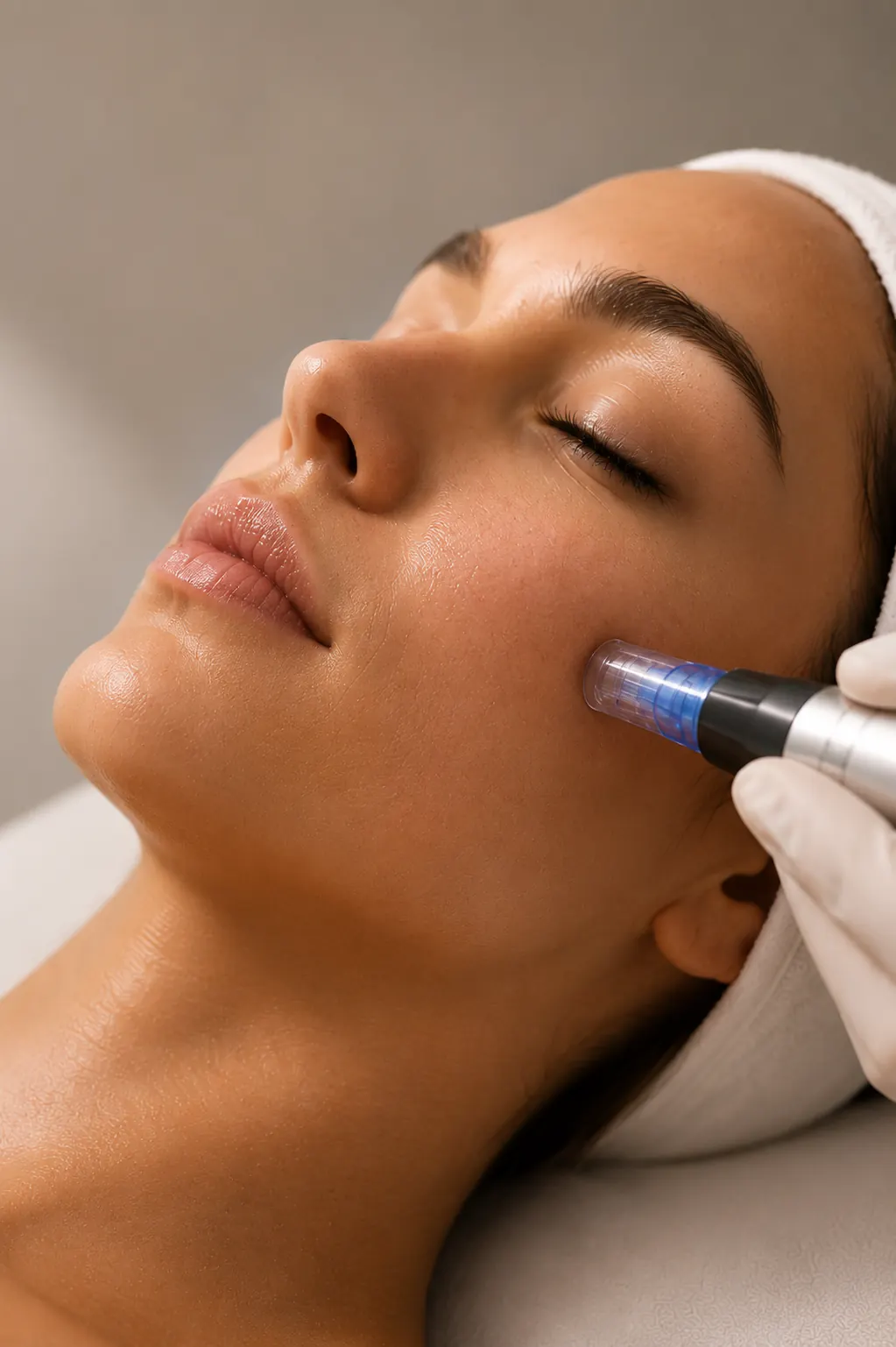 A microneedling pen being applied to a patient's cheek during skin treatment at 23MD
