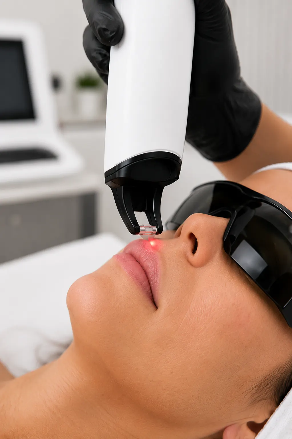 A light-based treatment applicator being applied to a patient's cheek at 23MD