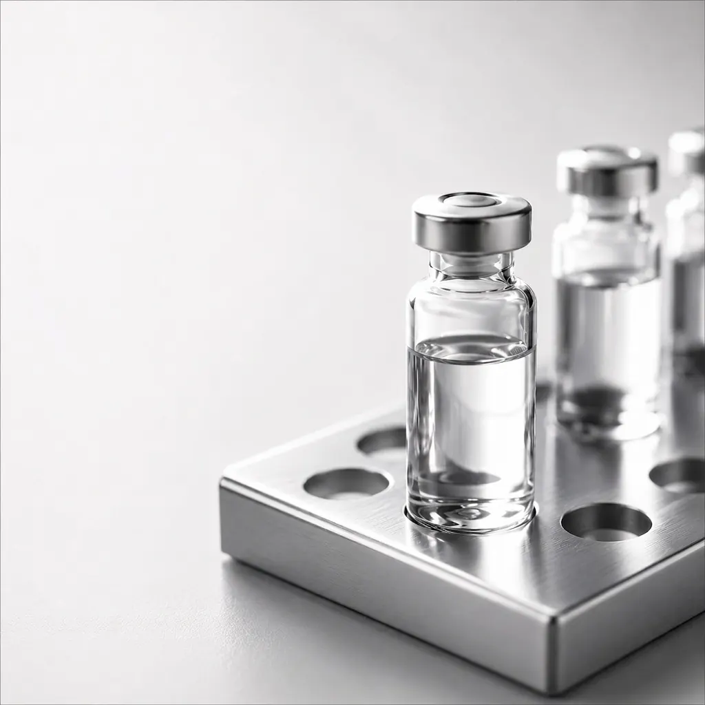 Glass clinical bottles on a tray illustrating doctor-led aesthetic medicine at 23MD