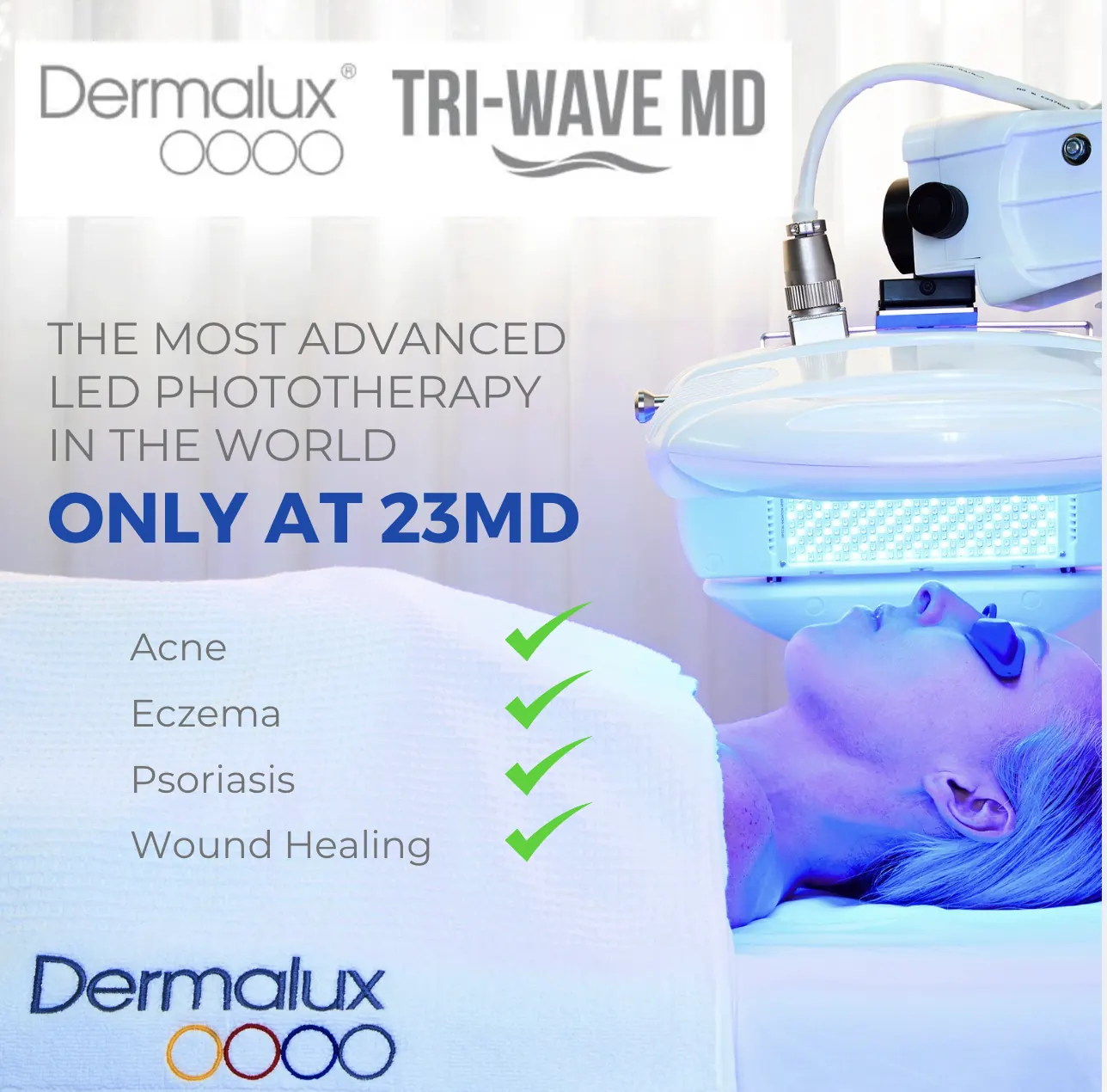 A light treatment device with a list of skin concerns illustrating an archived health article at 23MD