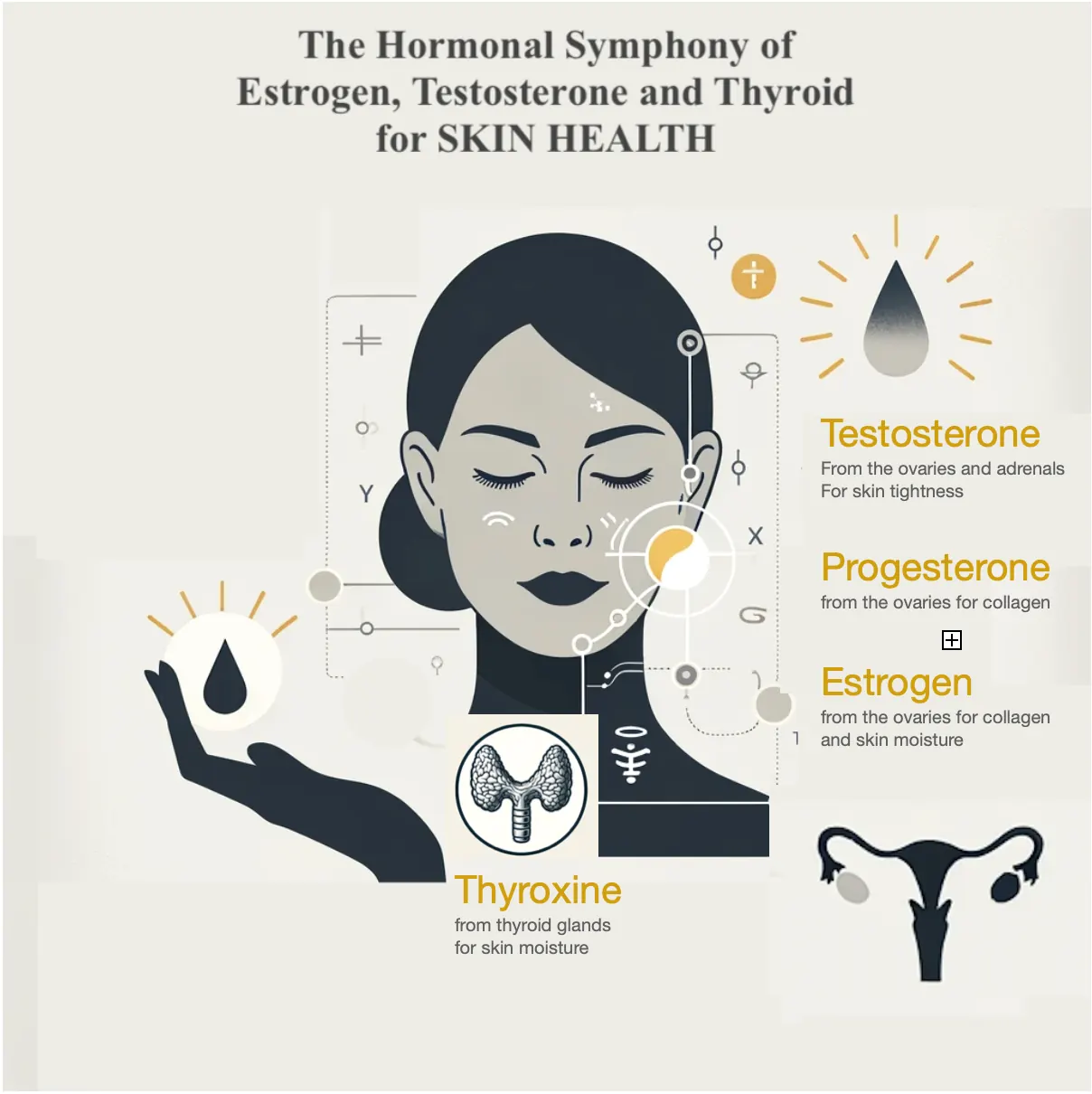 An illustrated woman's face with hormone labels illustrating an archived health article at 23MD