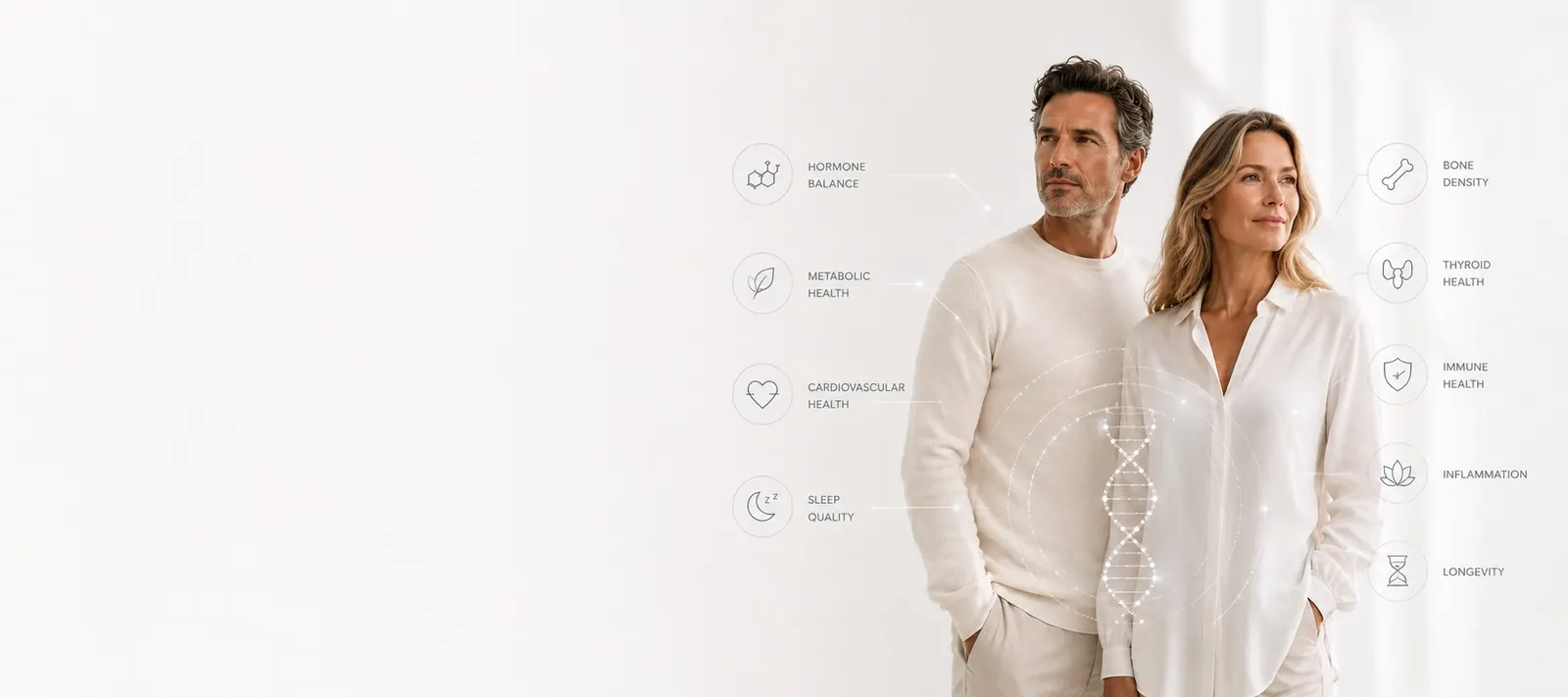 A man and woman in light clothing illustrating the patients considered for longevity care at 23MD